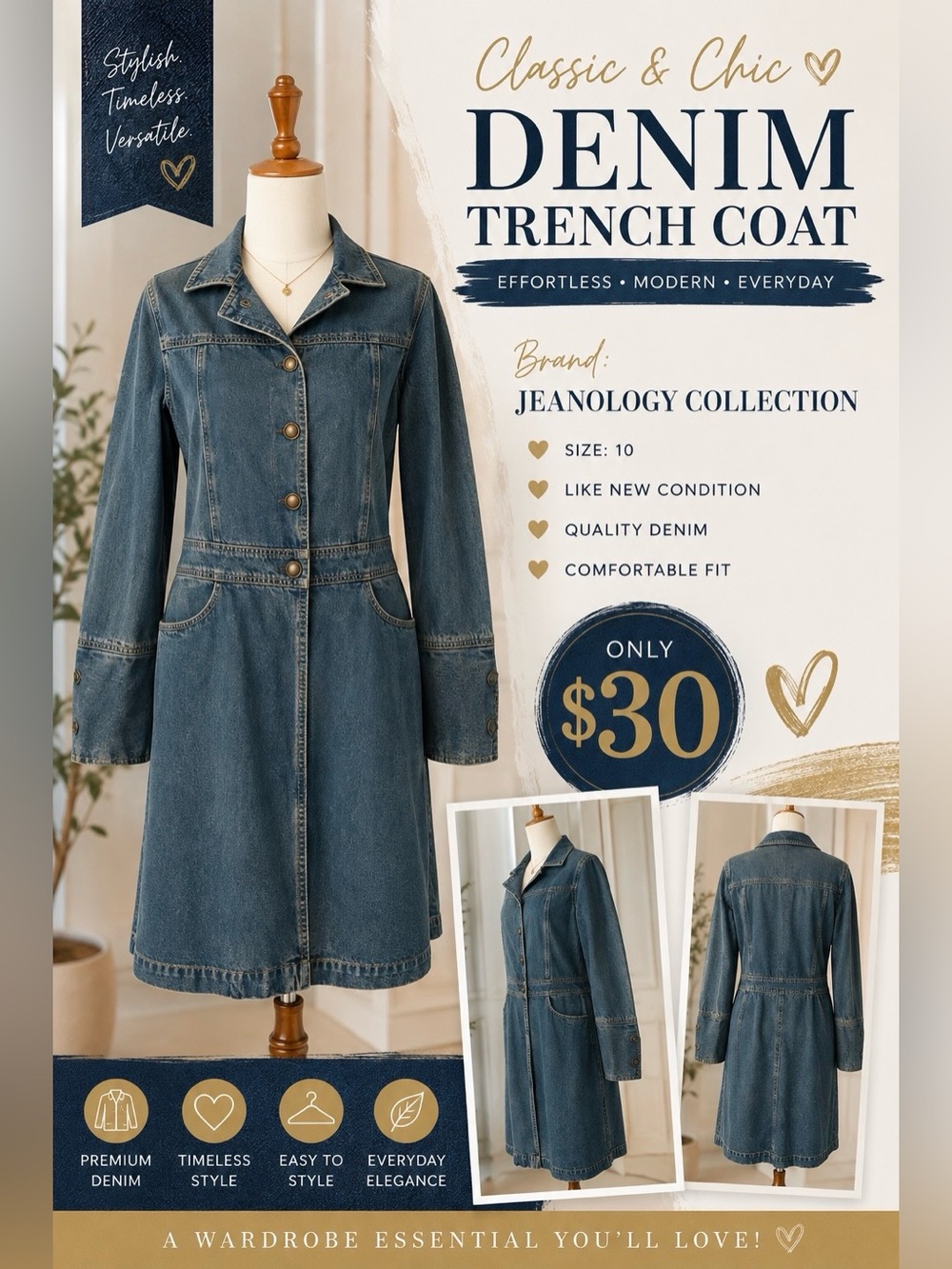 Jeanology Collection Women's Blue Denim Trench Coat